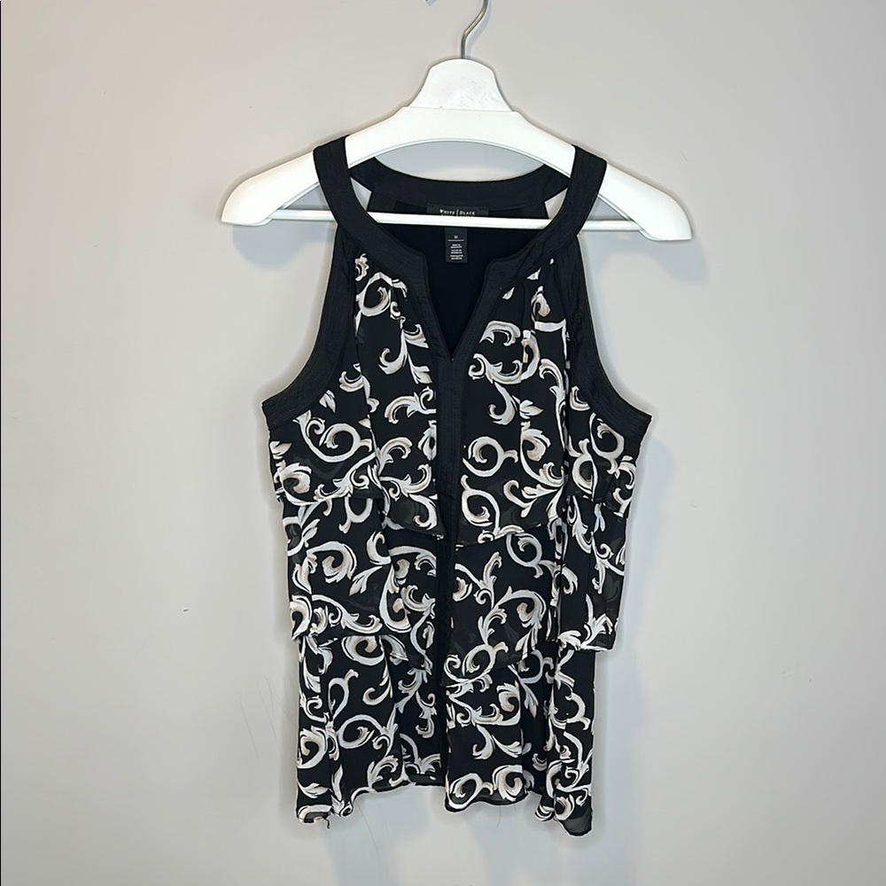White House Black Market Black and White Scroll Print Tank Top